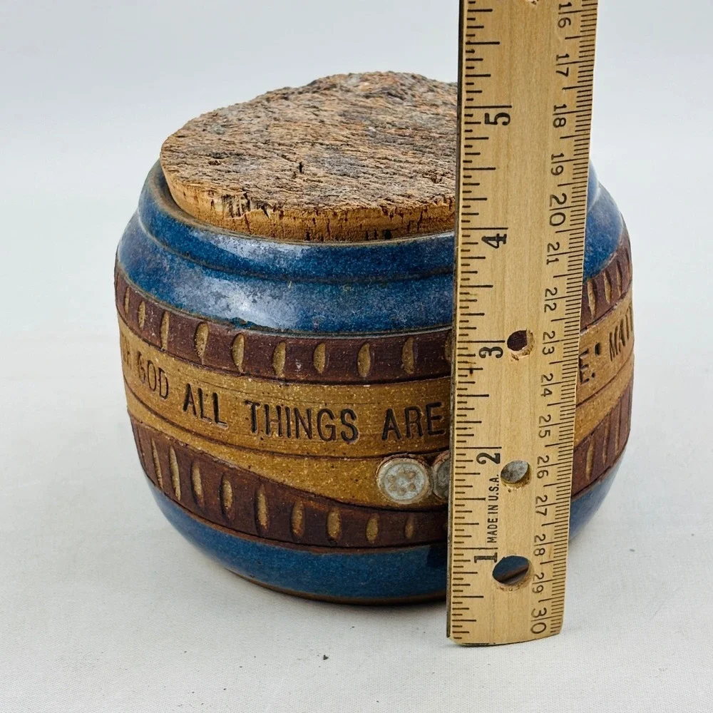 Down to Earth Pottery‎ Blue Brown Jar Cork Lid With God All Things Are Possible